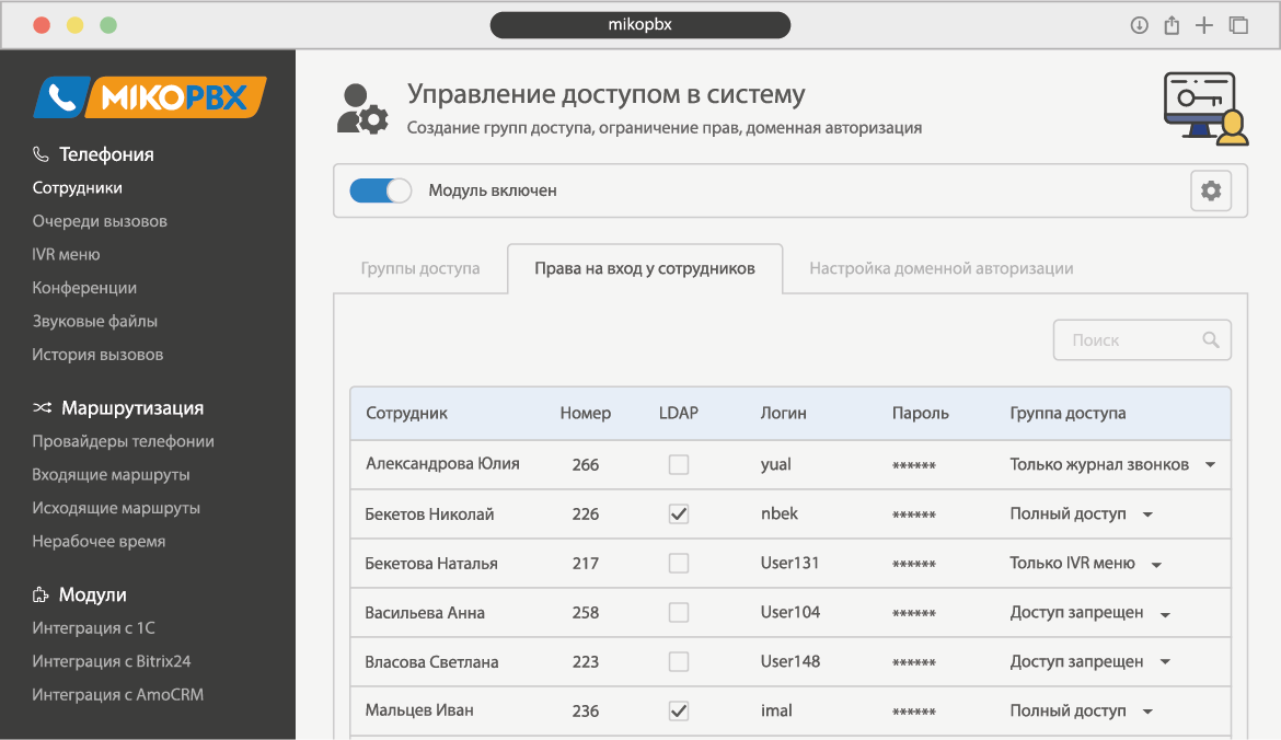 MikoPBX - Модуль Управление доступом в систему