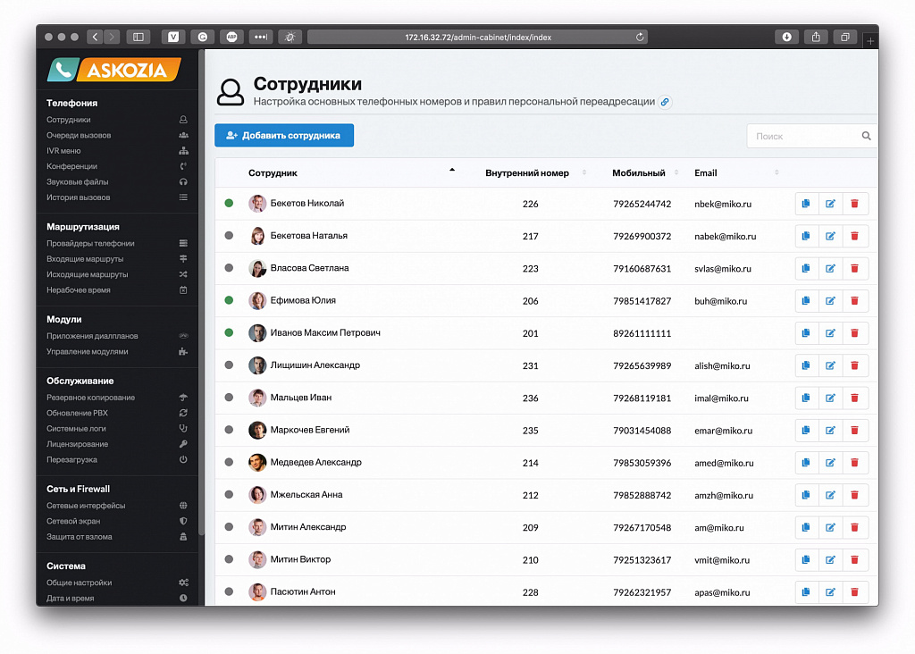 MikoPBX - Список сотрудников компании
